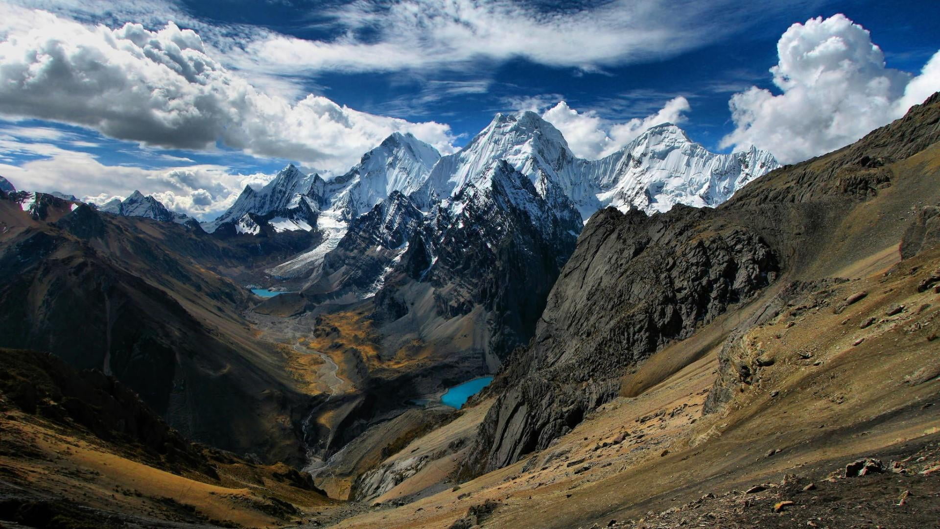 peru cordillera huayhuash mountains valley clouds mountain range 2k