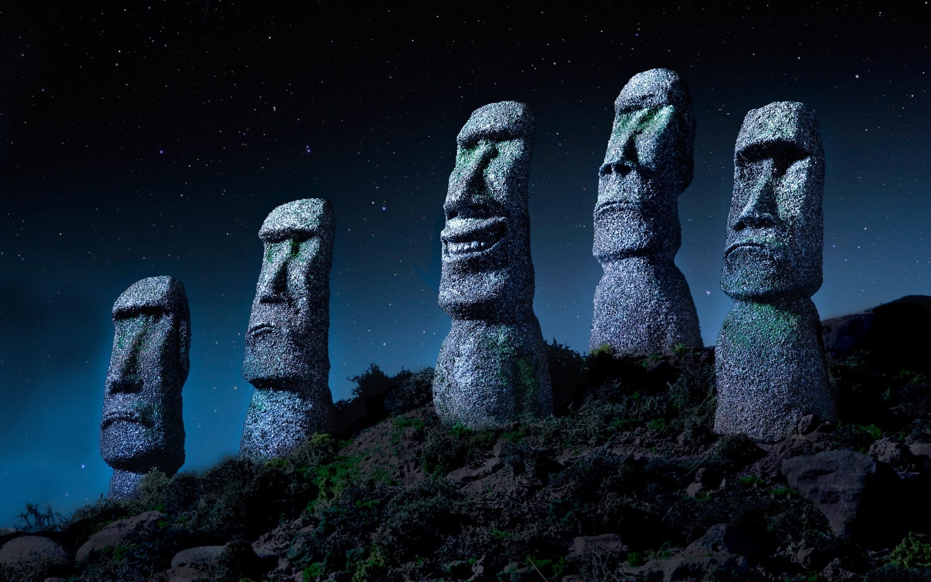 Stonehenge Easter Island Chile starry night statue Moai 2k