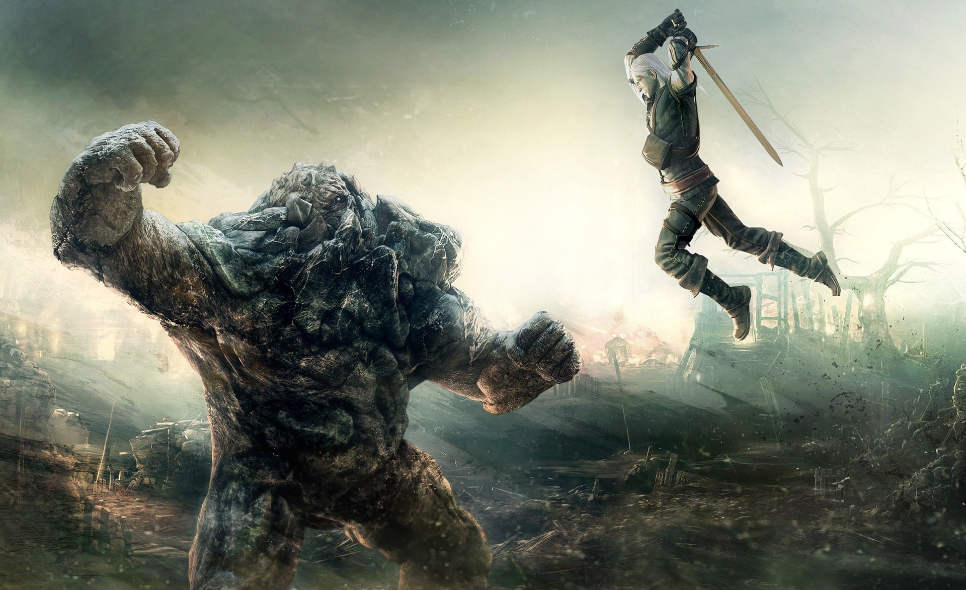 The Witcher monster and swordsman illustration Games nature 2k