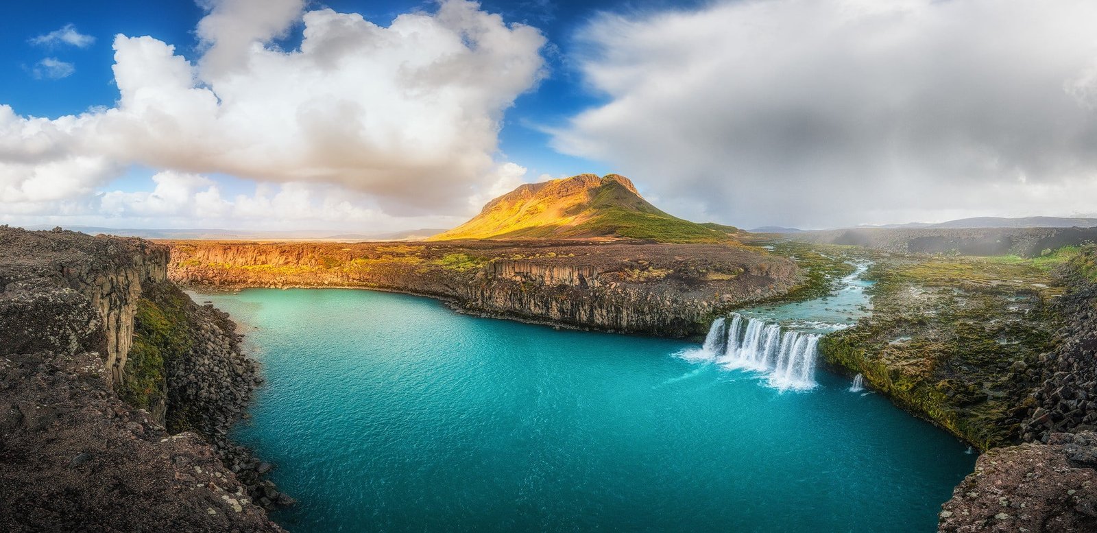 body of water waterfall summer Iceland river clouds cliff 2k