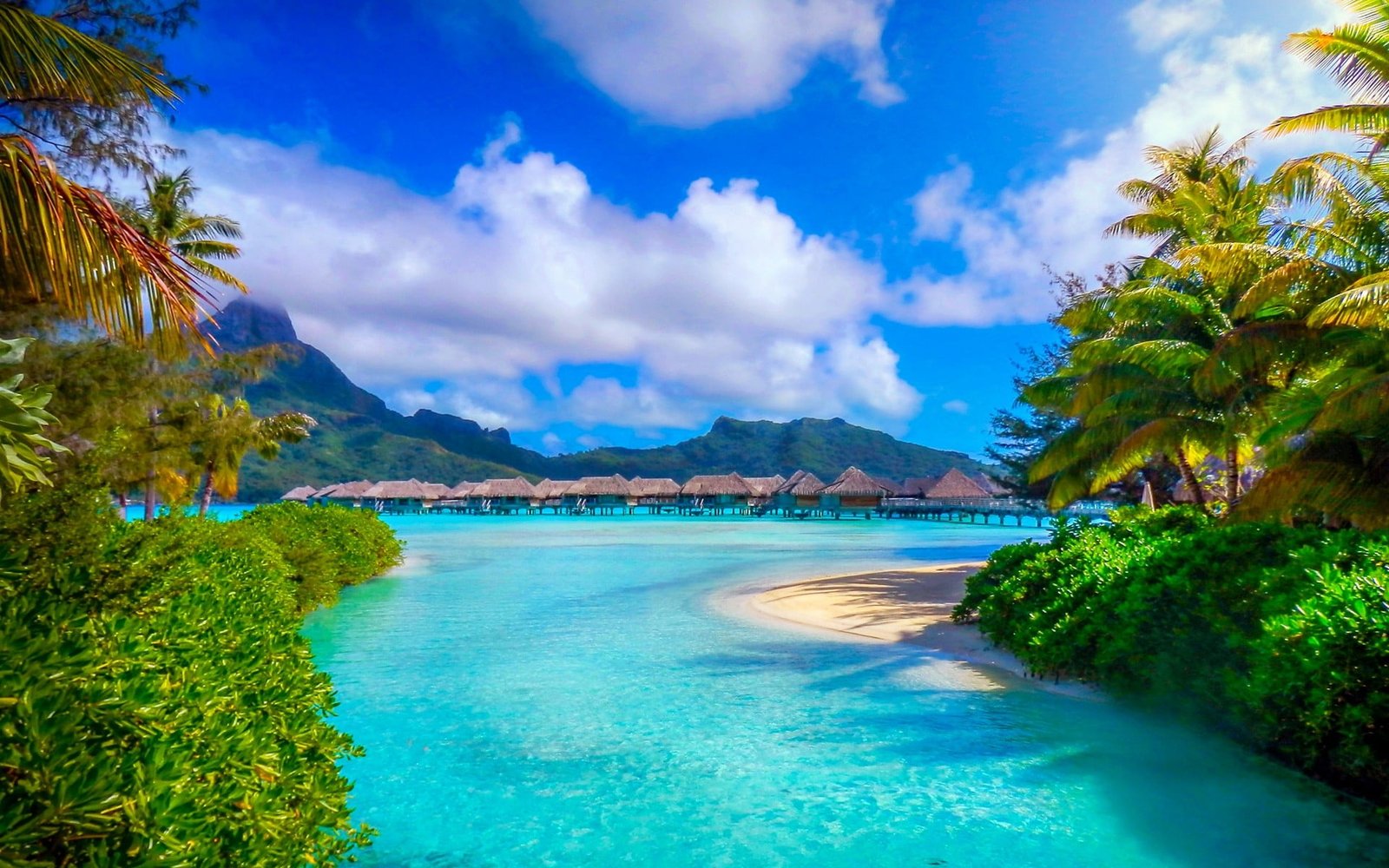 brown wooden cottages Bora French Polynesia nature landscape 2k