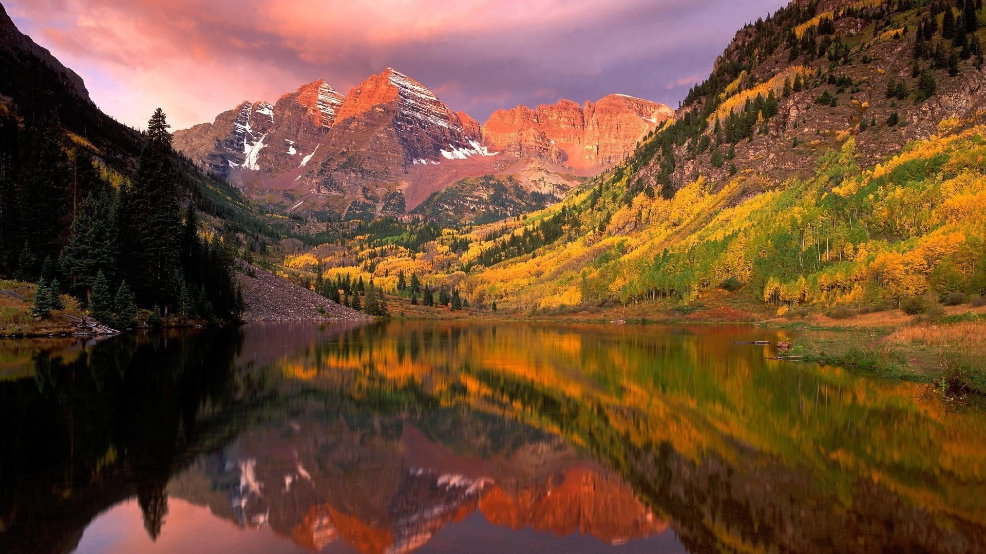lake near mountain digital wallpaper landscape nature maroon bells 2k
