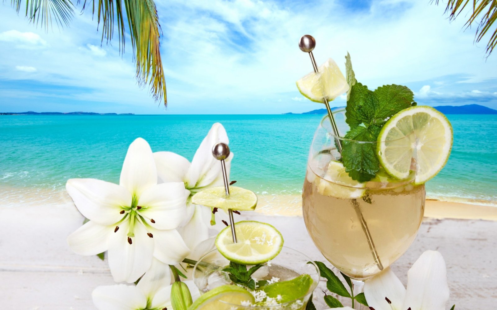 Light summer cocktail fruits beach drinks lemon sky sea 2k