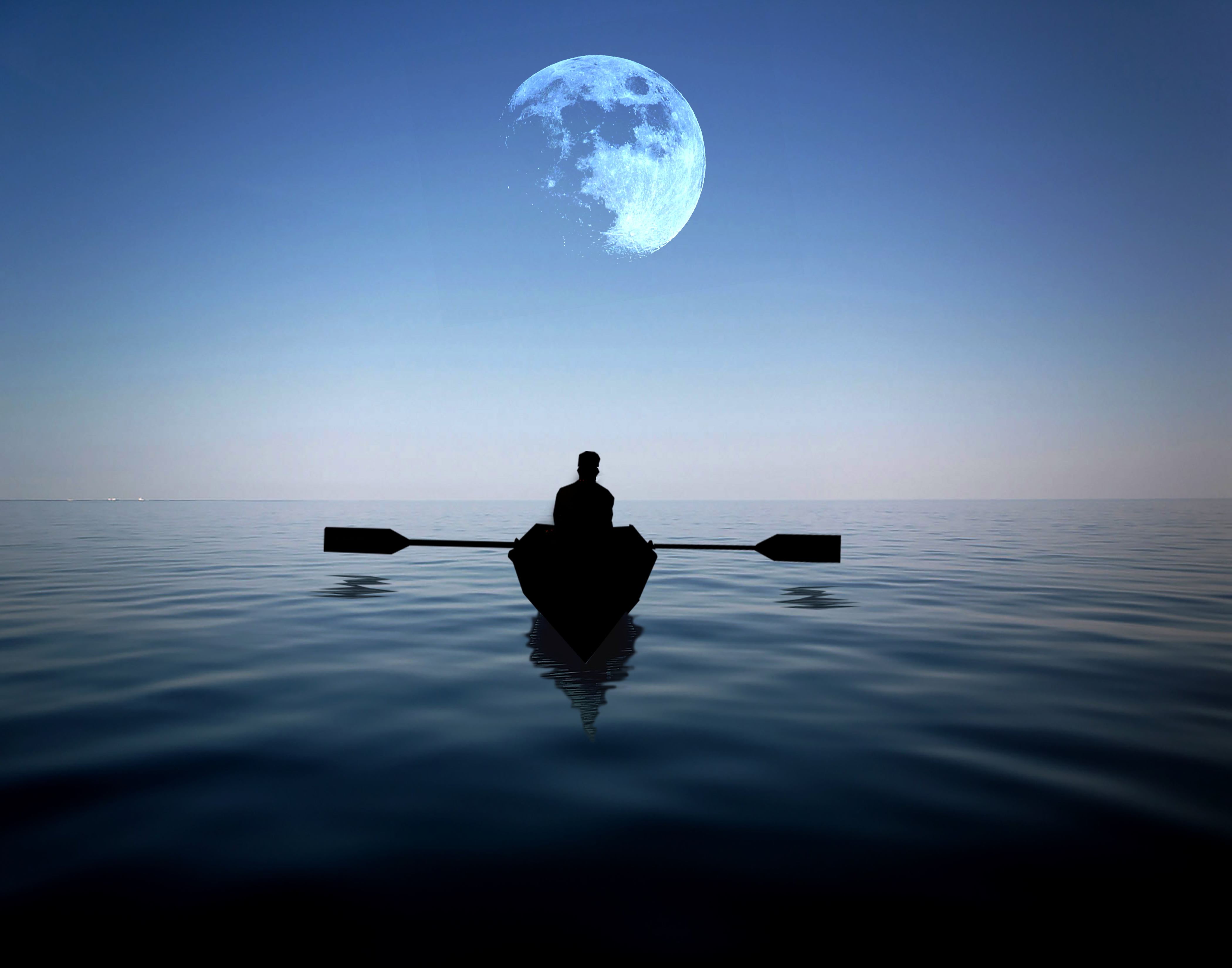 man riding on a boat alone in the sea with moon hovering above at night 2k 4k