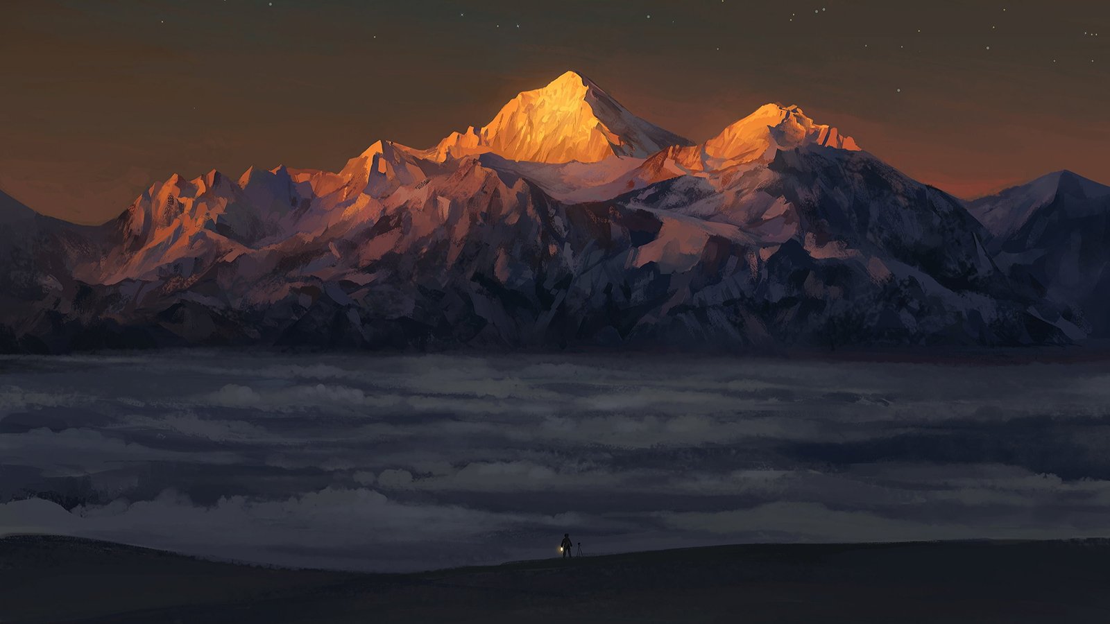 mountains above clouds painting sunrise snow stars lantern 2k 4k