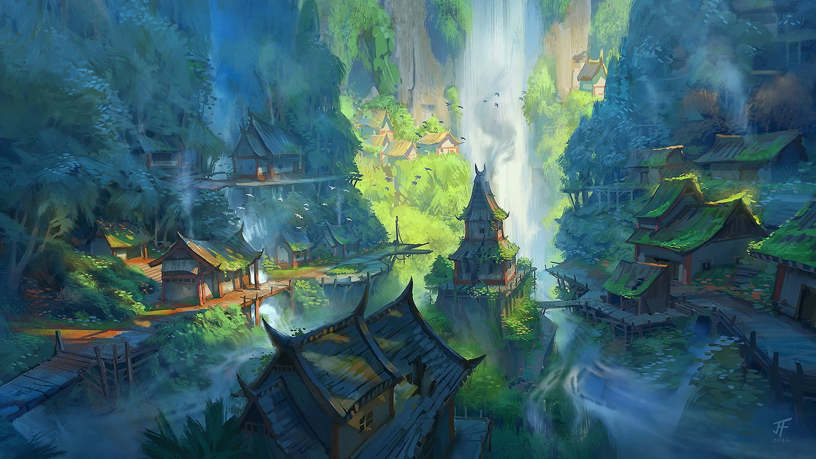 pagoda wallpaper several temples illustration cliff house 2k