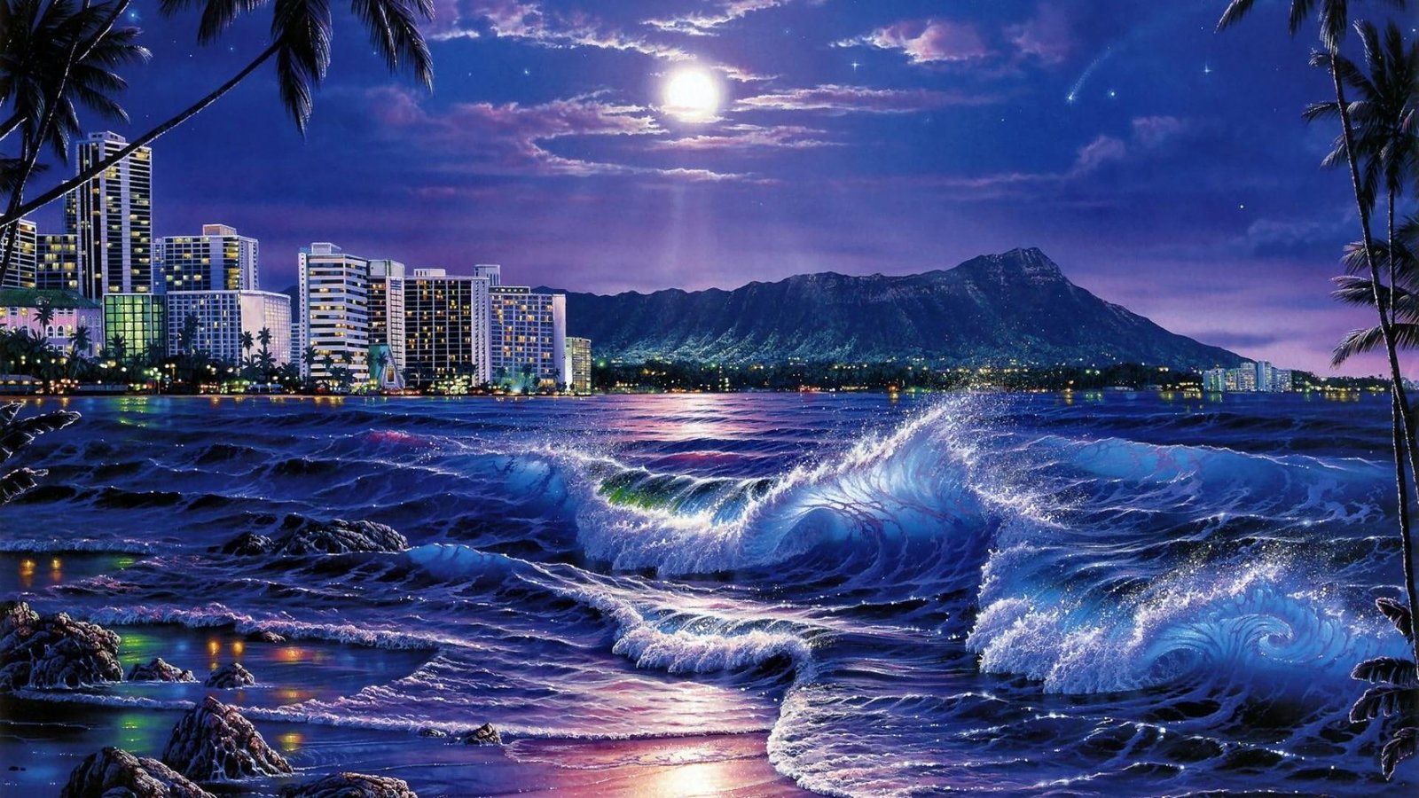 sea waves city night beach moon stars painting art 2k