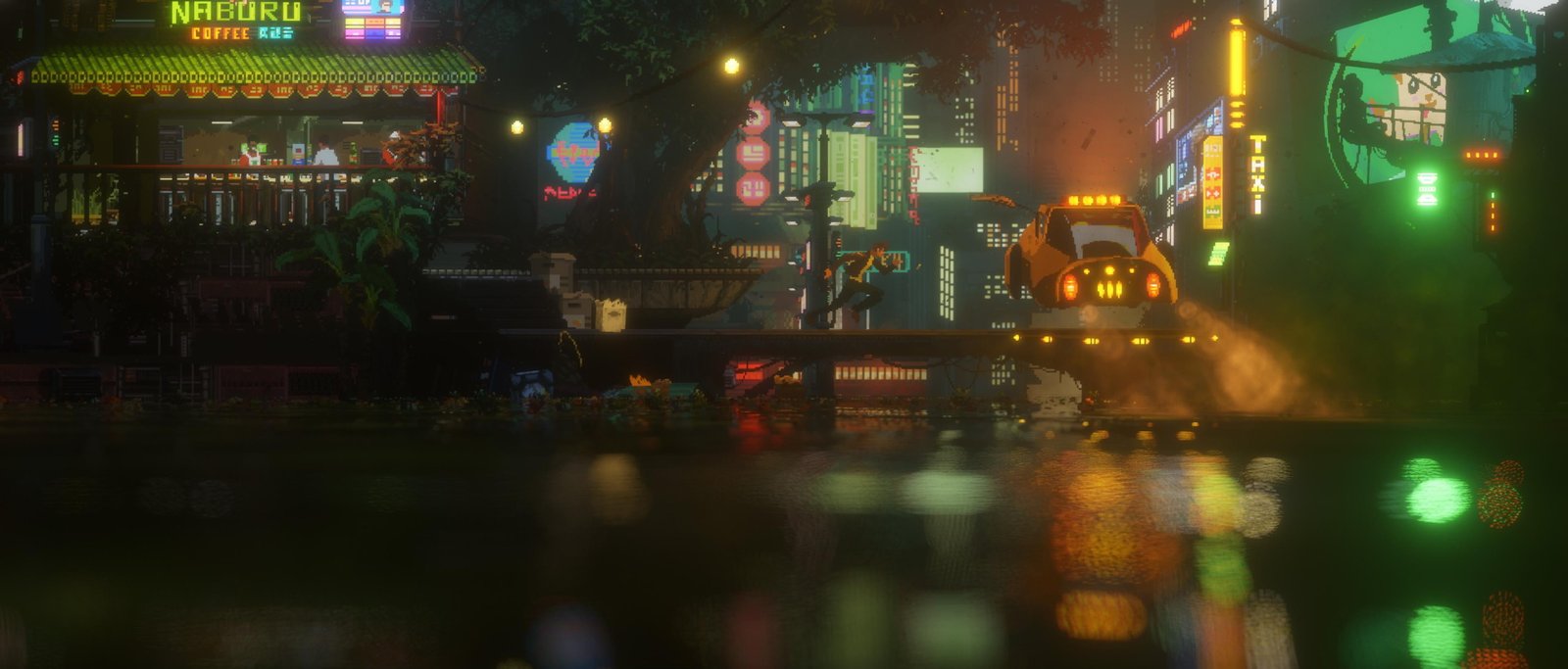 store and car illustration cyberpunk video games pixel art 2k 4k