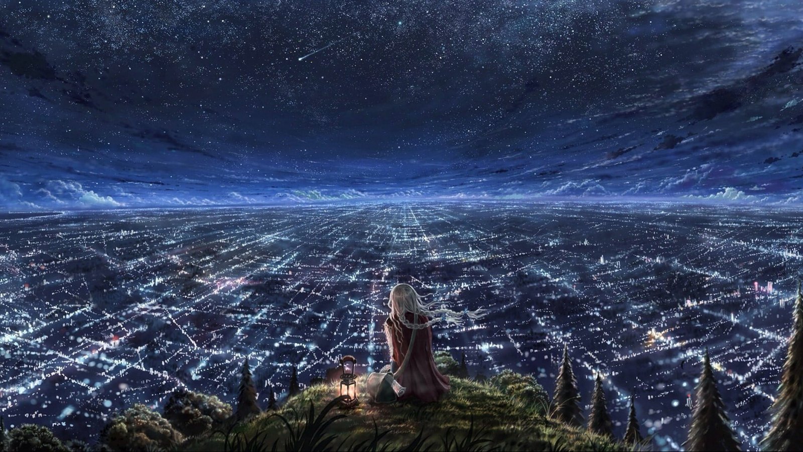 woman sitting on cliff digital wallpaper wearing brown dress green grass overlooking the city at nighttime 2k