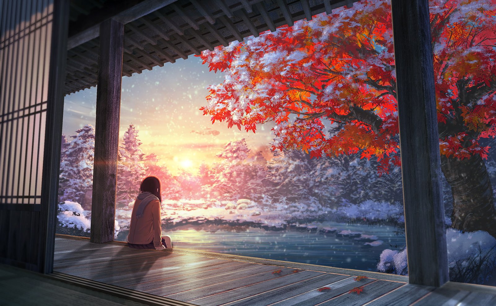 Chill Out snow anime girls maple leaf 2k