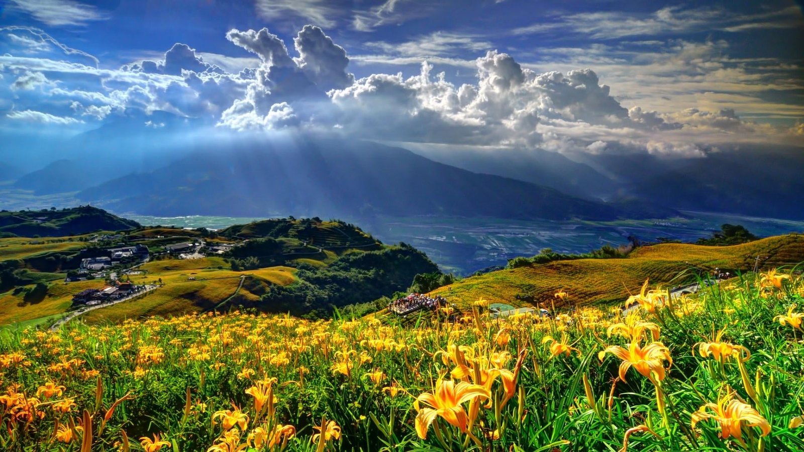 sunray sunshine cloud grass rays field highland meadow 2k