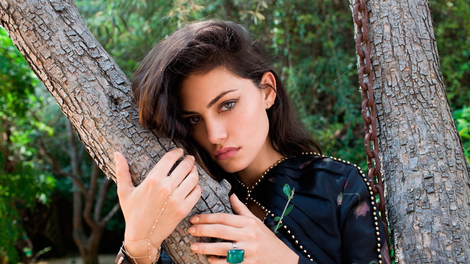 women's black top model brunette long hair women outdoors 2k