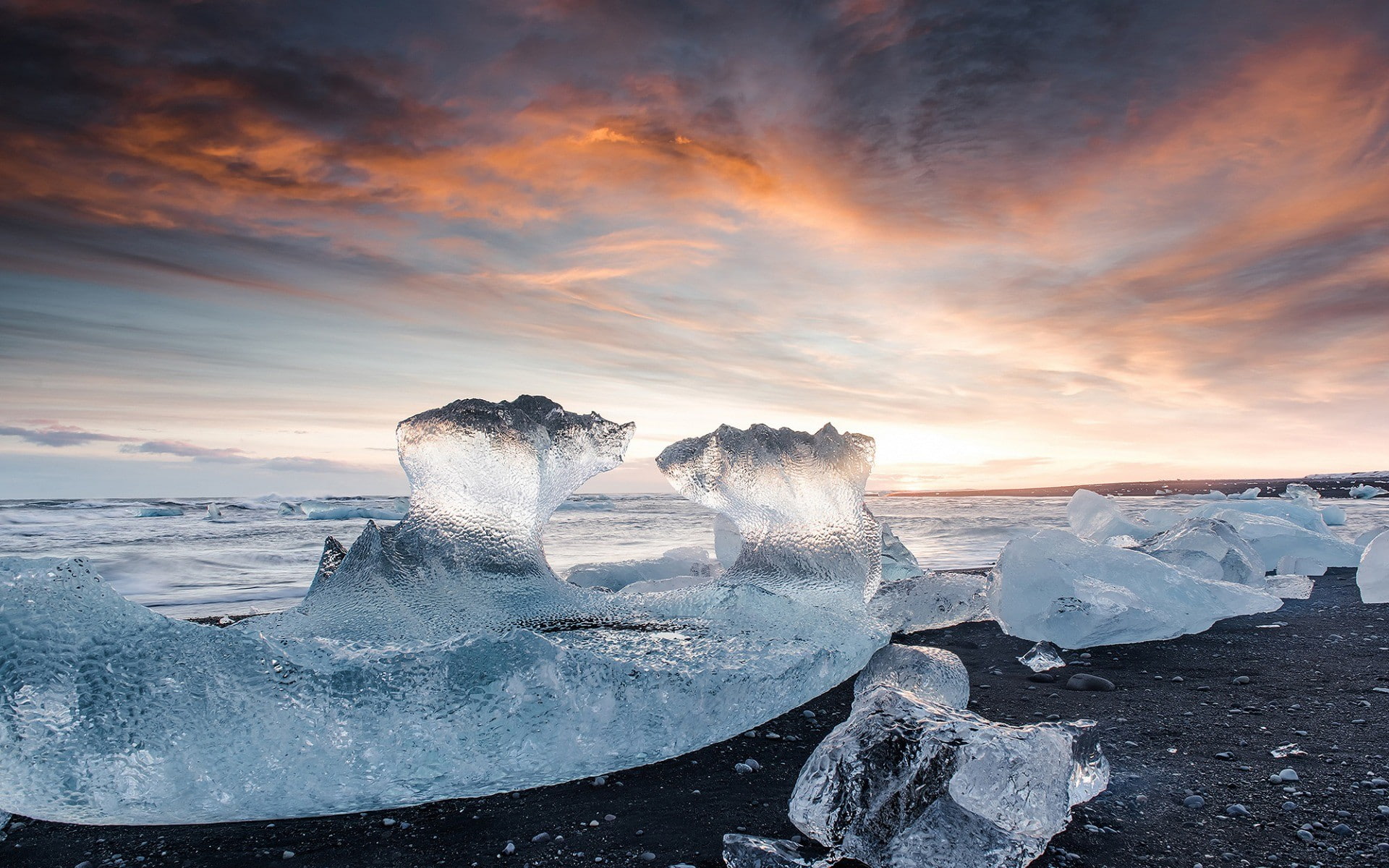 glaciers sunset ice beach sea 2k