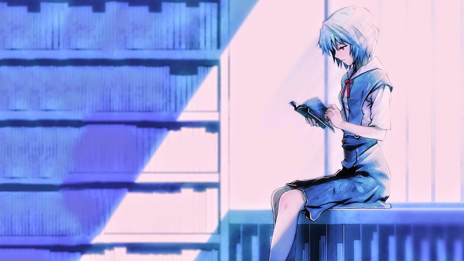 Neon Genesis Evangelion illustration anime blue hair school uniform 2k 4k
