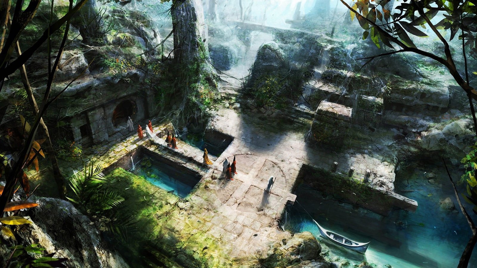 brown concrete ruins coated with moss digital wallpaper jungle 2k