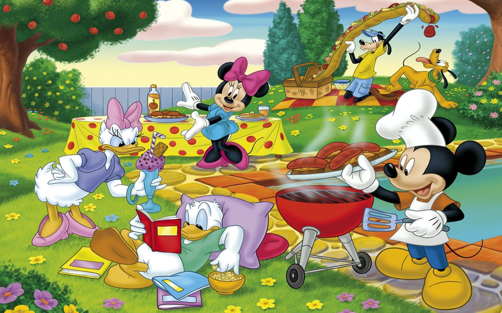 Picnic Outing In Nature Cartoon Mickey And Minnie Mouse Donald Duck Daisy Wallpaper Hd 2k