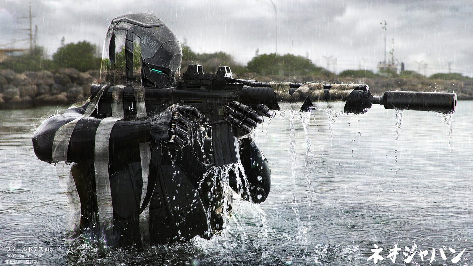 man holding rifle digital wallpaper futuristic military science fiction 2k