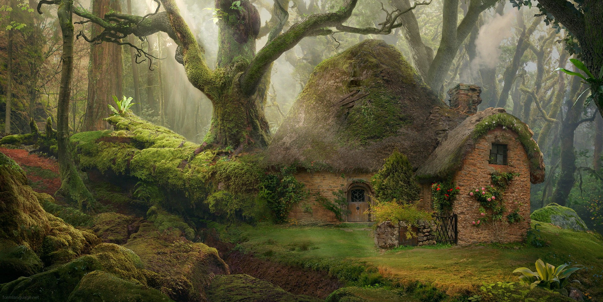 brown hobbit house nature forest fantasy art tree plant 2k