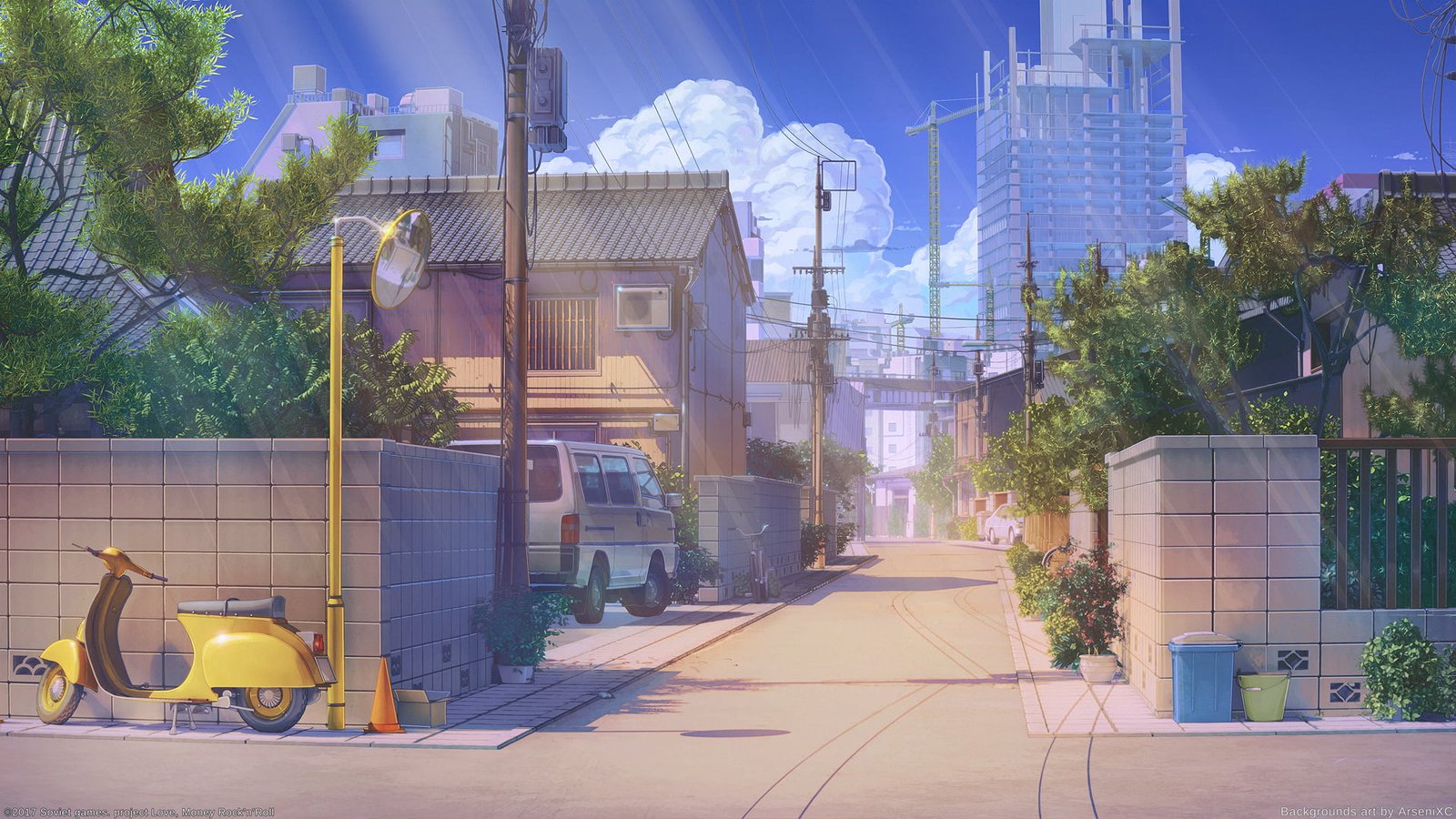 yellow scooter beside post lamp illustration digital art artwork 2k
