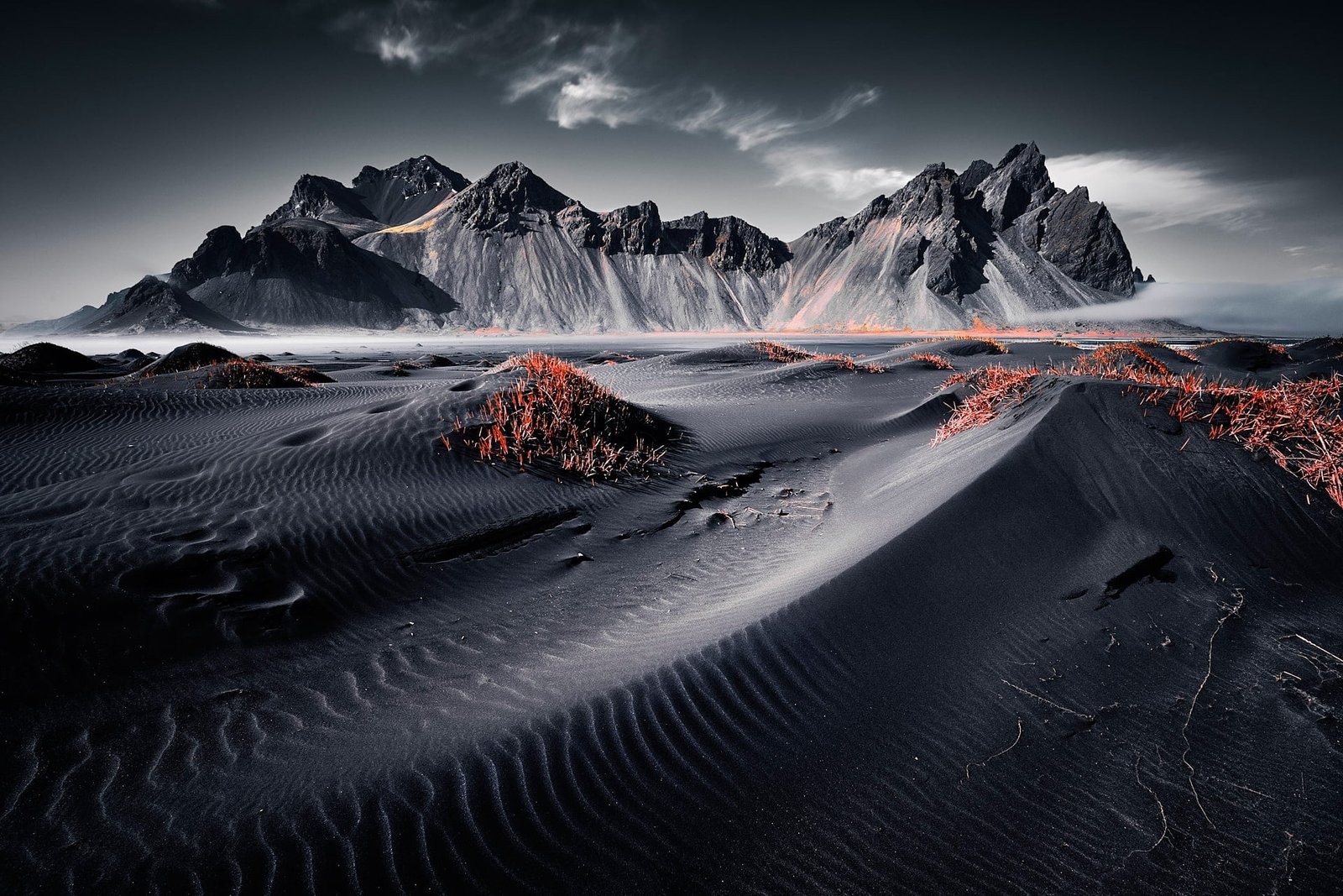 grayscale photo of desert Iceland landscape nature dark mountains 2k