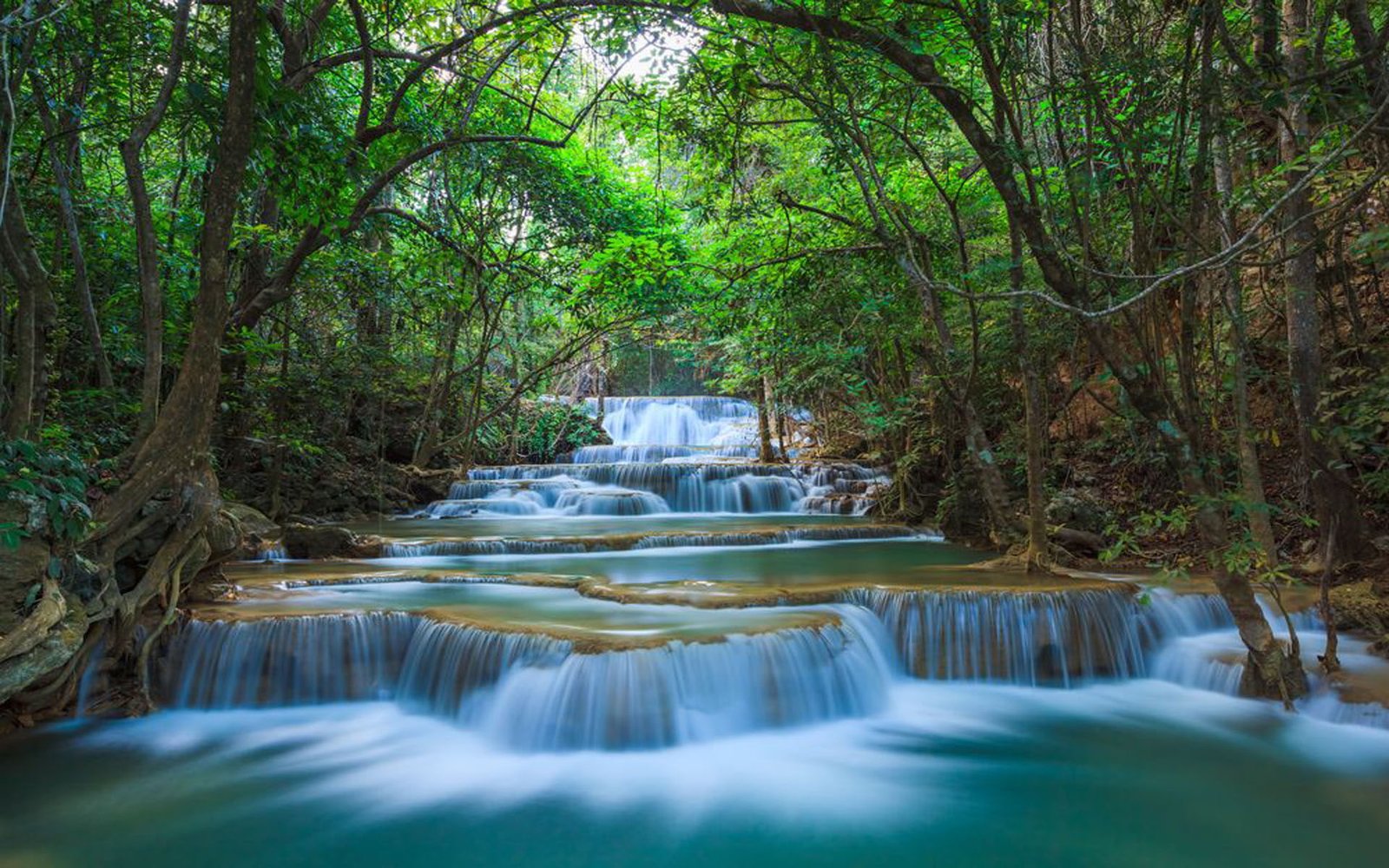 Green Nature River Cascade Waterfall Kanchanaburi Thailand Desktop Hd Wallpaper For Pc Tablet And Mobile 2k
