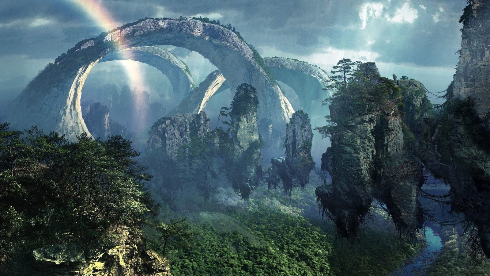 green trees landscape floating island arch fantasy art digital 2k