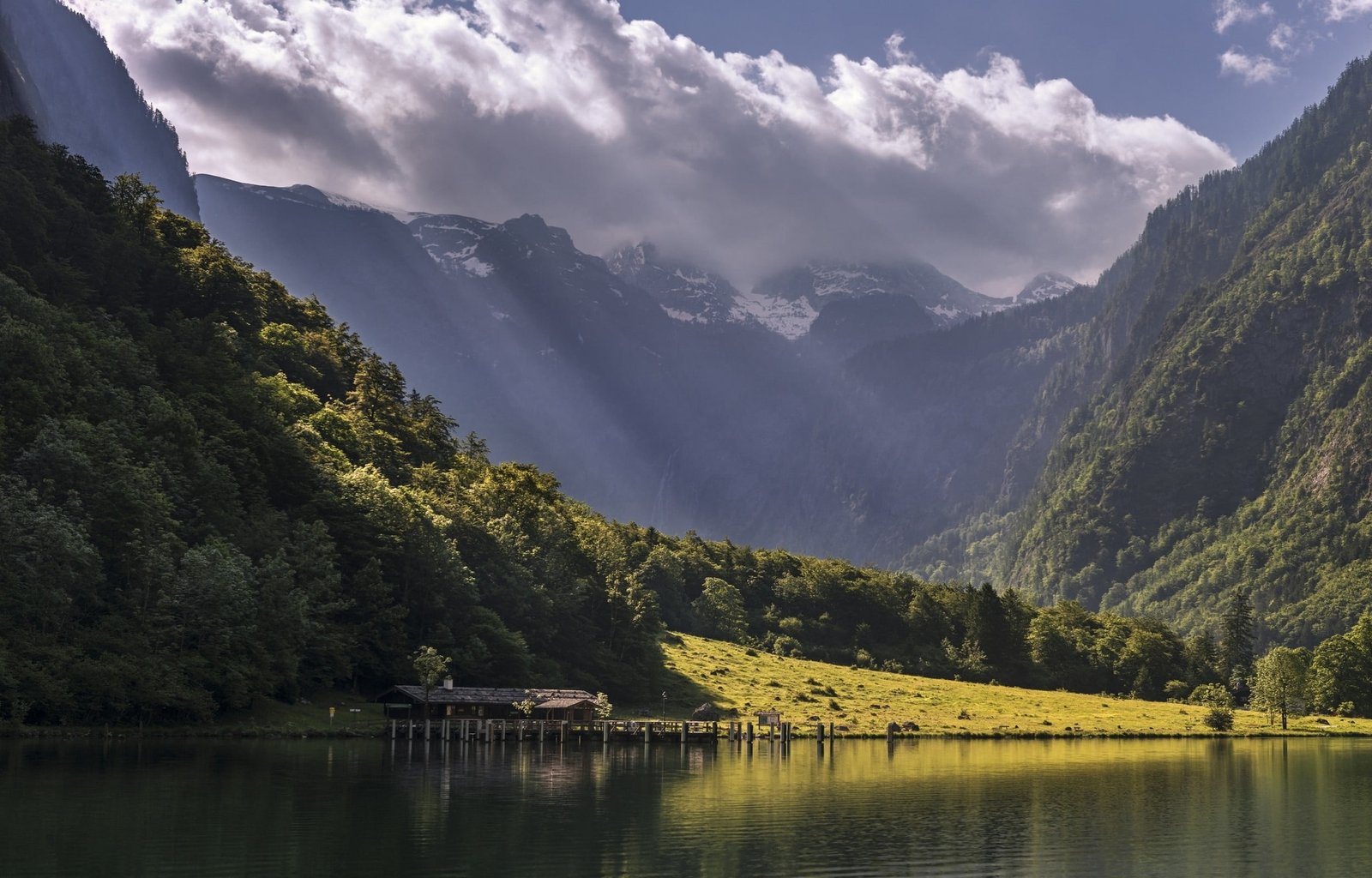 body of water in front mountain landscape nature lake house 2k