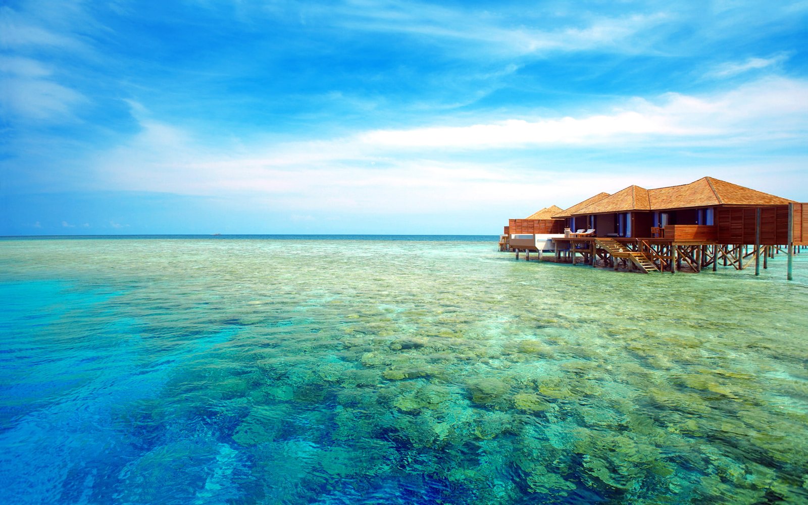 Maldives Ari Atoll Tropics Sea Beach Resort Lily Wooden Bungalow Houses in Water Wallpaper Hd 2k