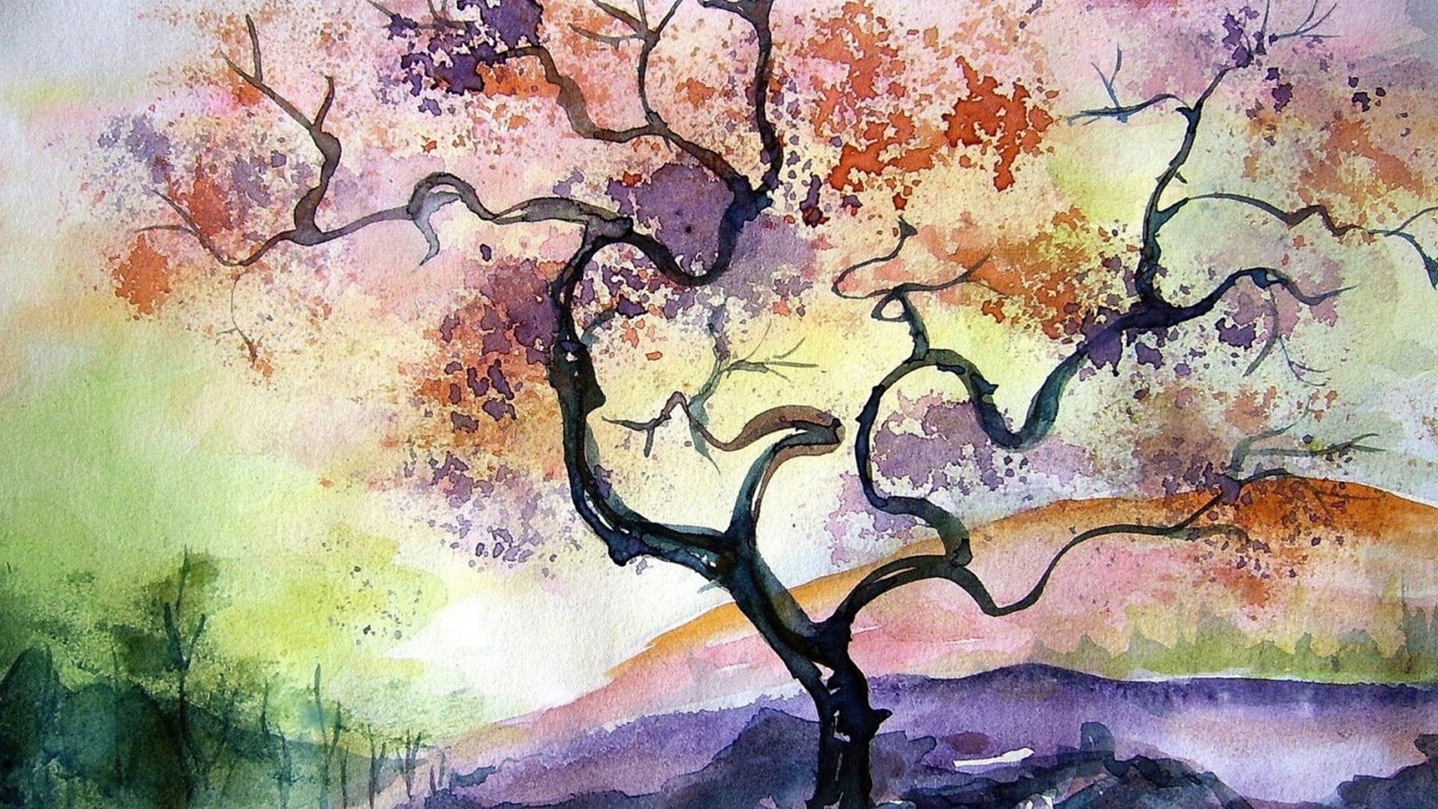 bare tree painting watercolor artwork warm colors nature 2k