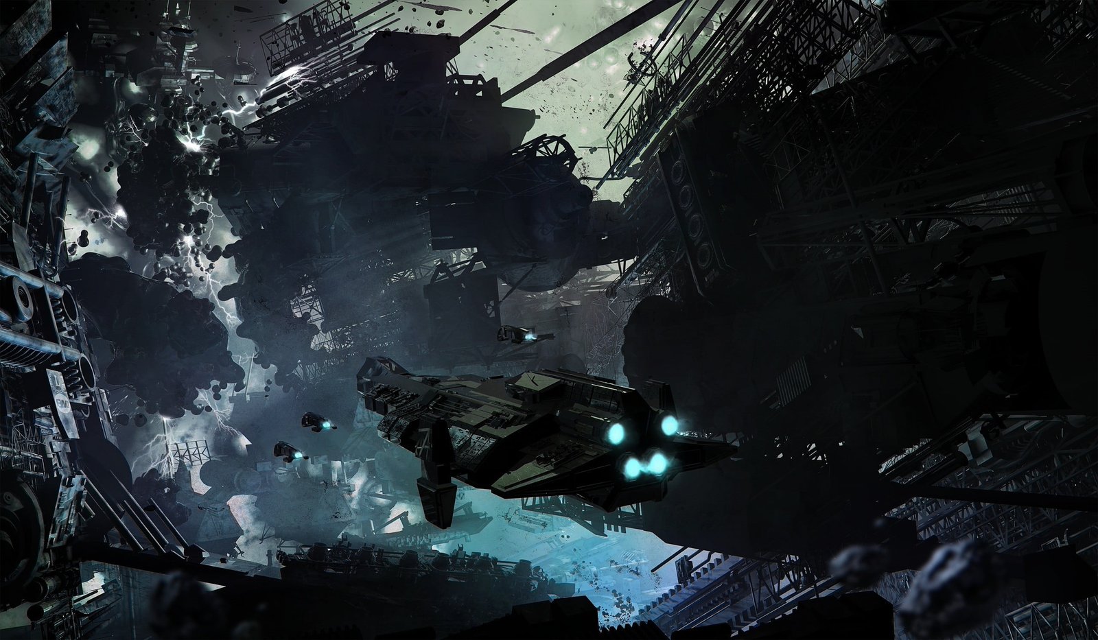 black white and blue abstract painting science fiction spaceship 2k