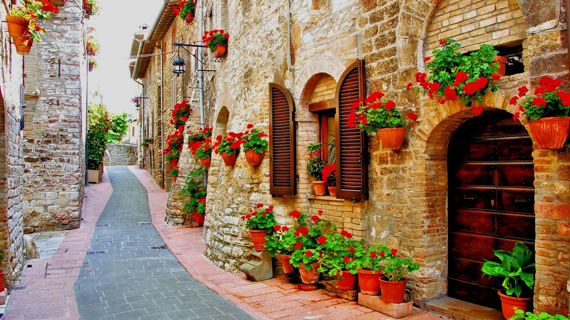brown bricked house walkway photograph umbria perugia assisi 2k