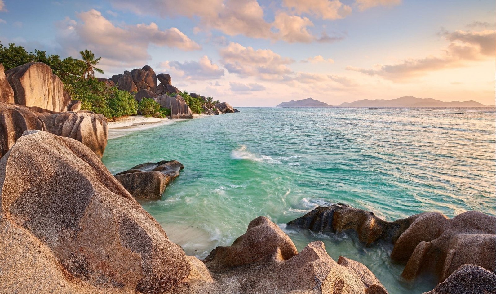 brown rocks Seychelles palm trees beach sunset tropical 2k