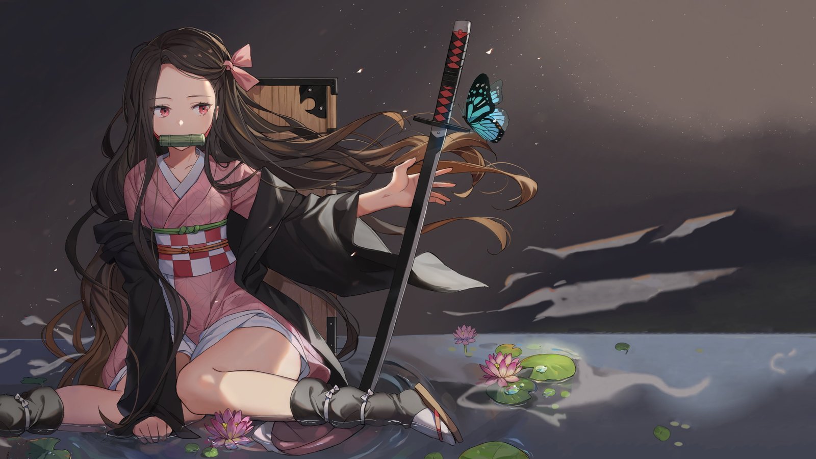 Kimetsu no Yaiba Kamado Nezuko sword butterflies anime 2k 4k