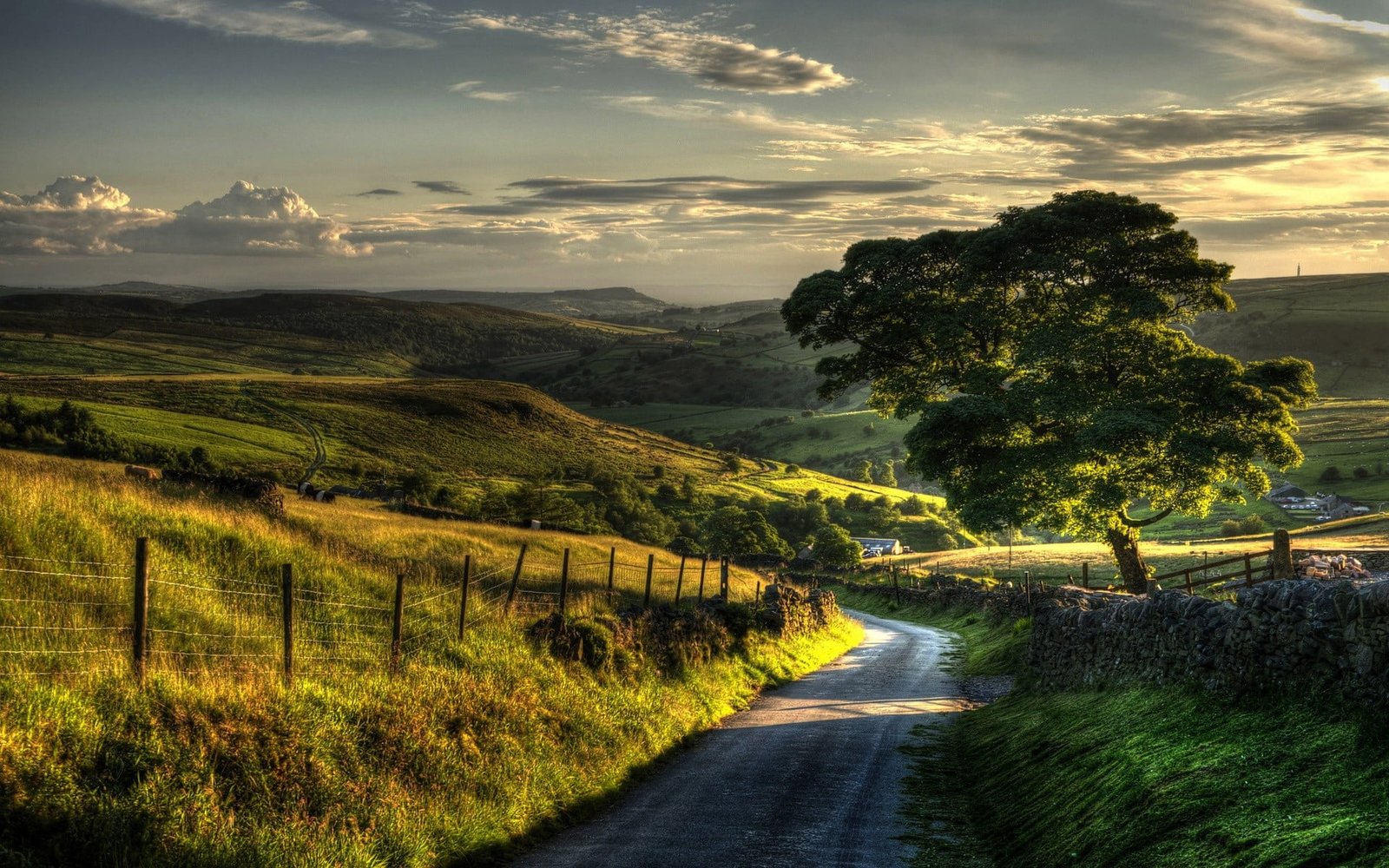 landscape nature painting sunset villages road field grass 2k