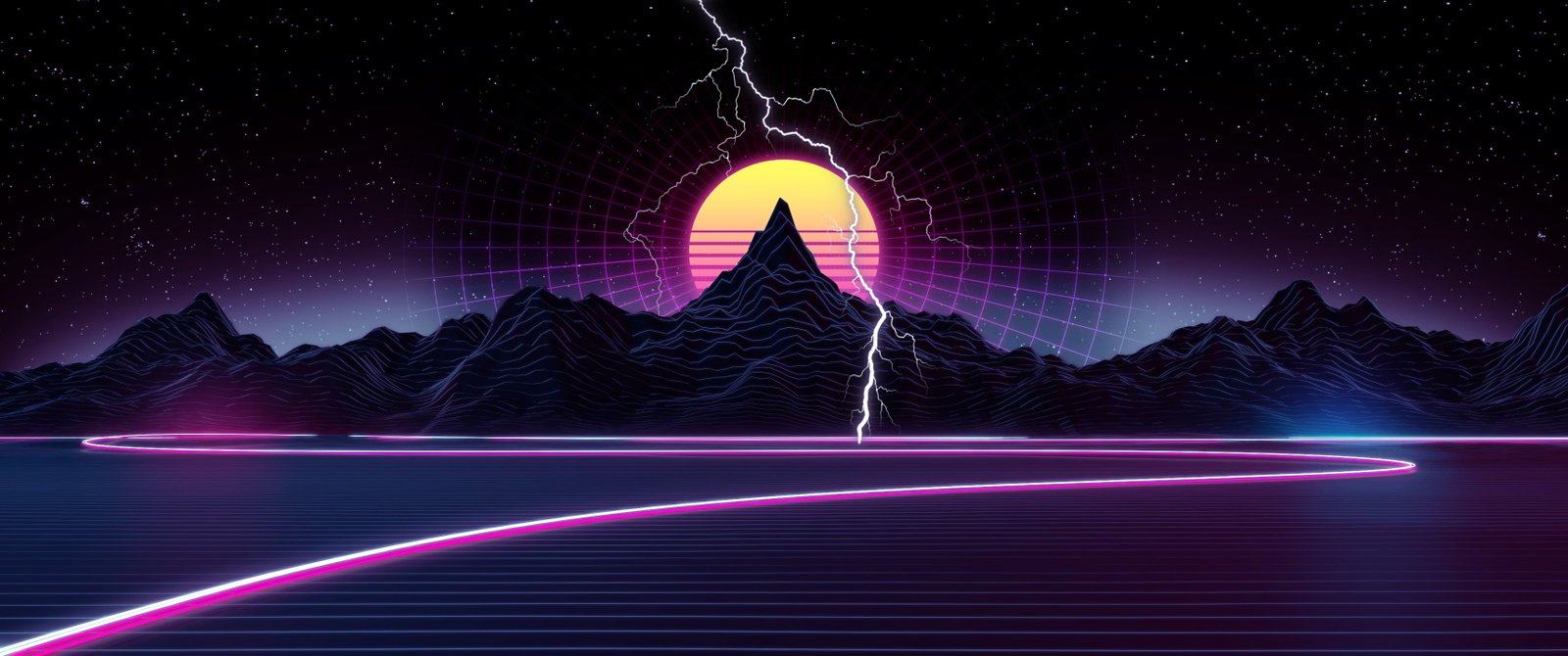 retrowave synthwave neon ultrawide grid landscape vaporwave 2k