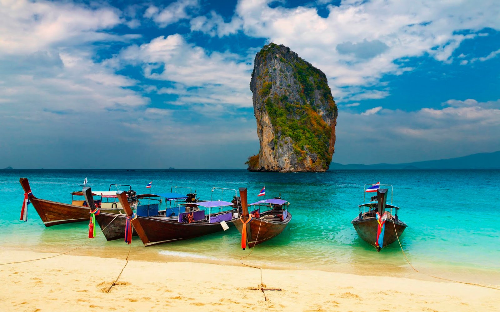 Tropical Beach Traditional Longtail Boats Andaman Sea Thailand 2k