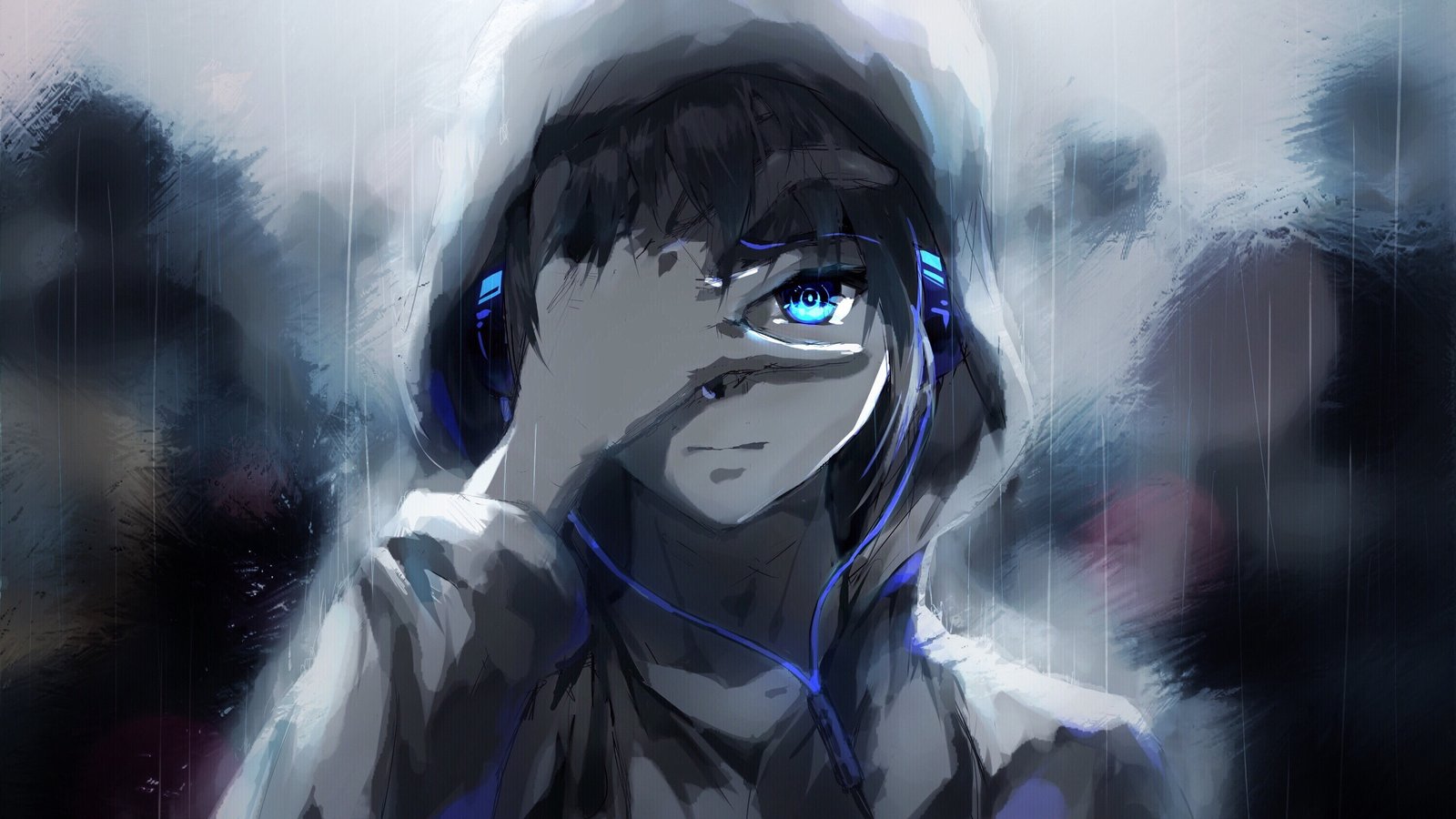 anime boy hoodie blue eyes headphones painting 2k