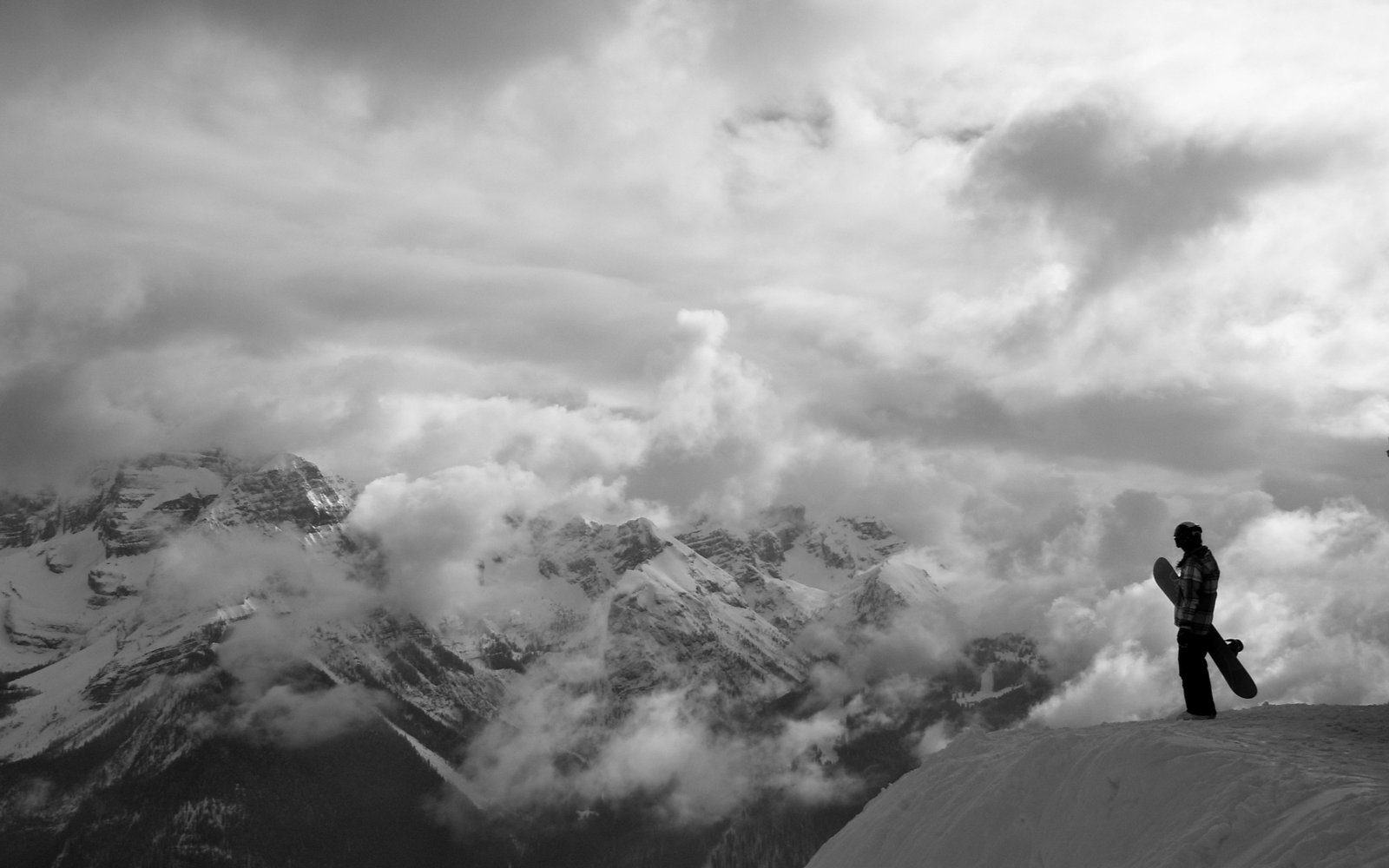mountains clouds snow snowboarding monochrome nature 2k 4k