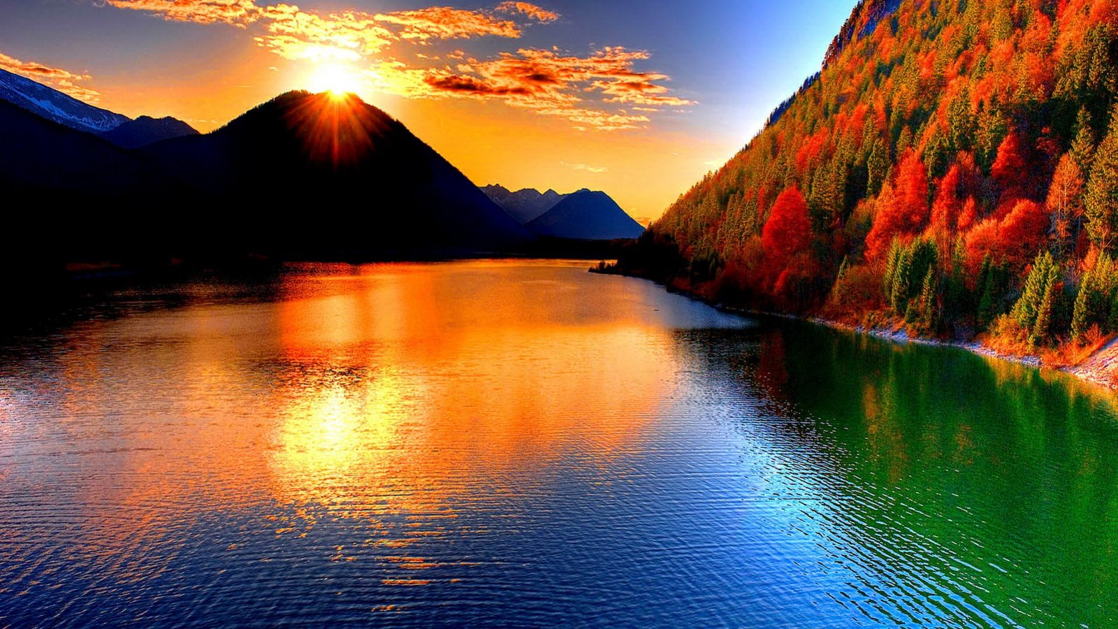 Nature Landscape Sun Sunshine Mountain Trees Autumn Lake Reflection 2k