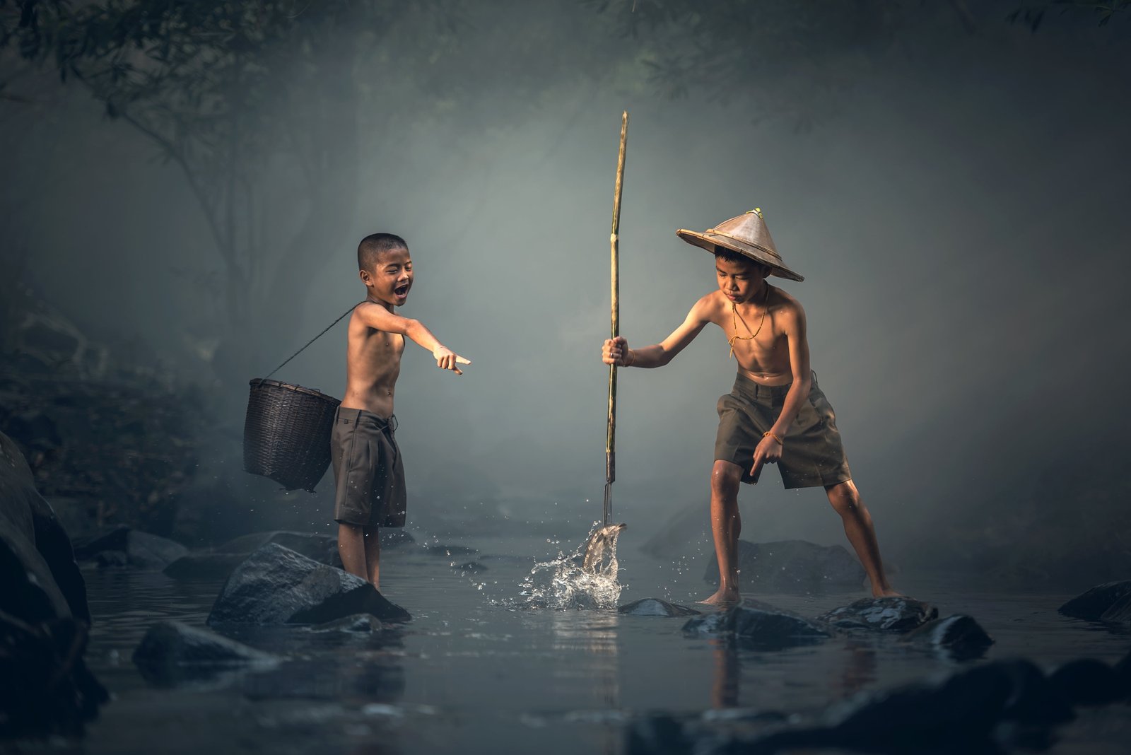 two boy playing on water children fishing the activity asia 2k 4k 5k