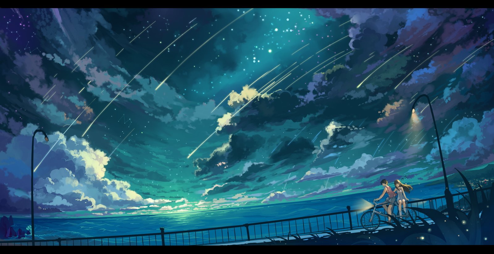 couple riding bicycle near metal railing under shooting stars illustration 2k 4k