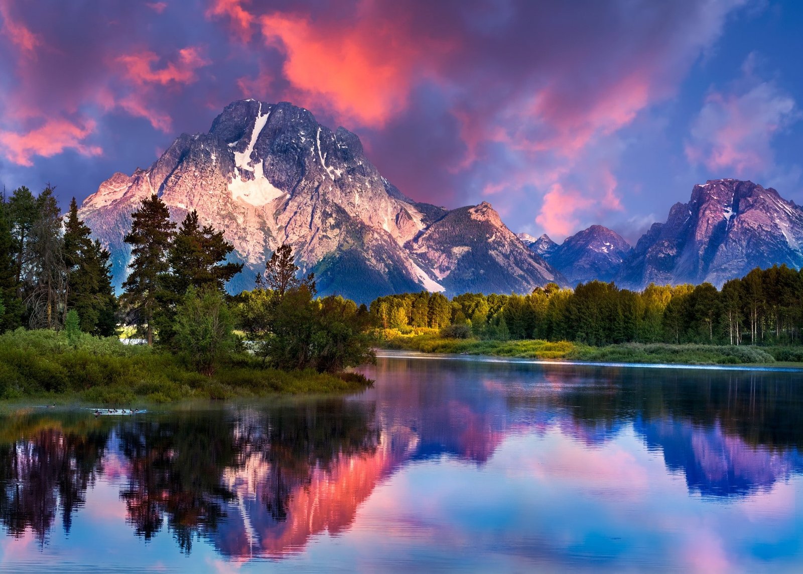landscape river reflection Wyoming water mountains nature 2k