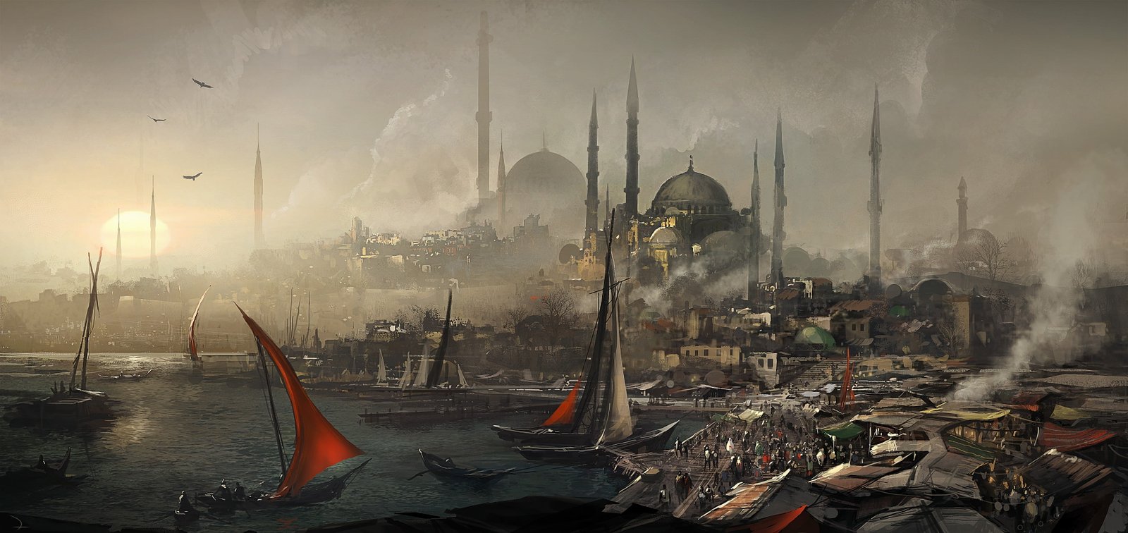 black and white sailing boat painting drawing Istanbul Hagia Sophia 2k 4k