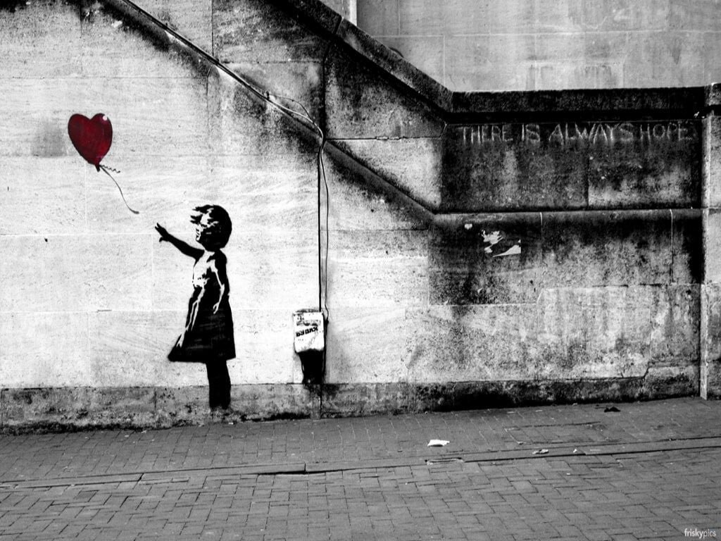 black and white horse painting graffiti Banksy one person