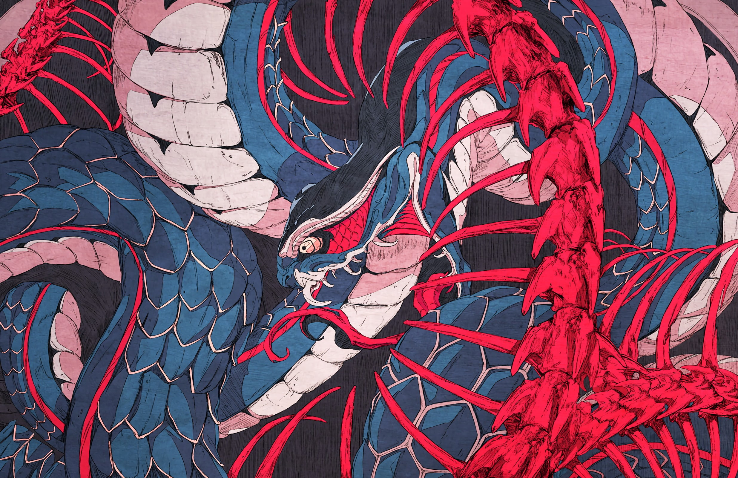 blue red and white dragon illustration ouroboros bones snake 71 2k