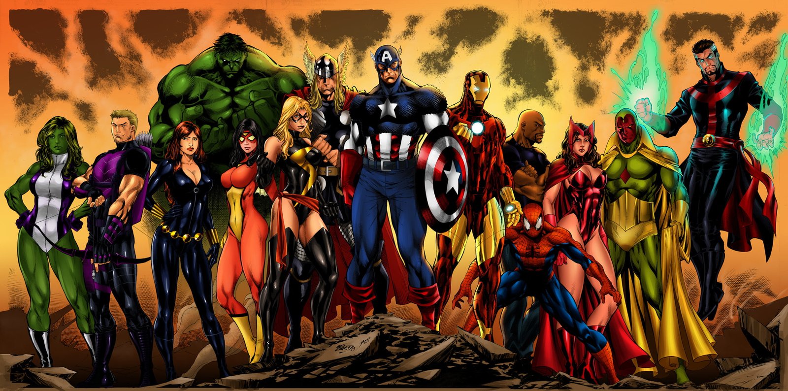 Marvel illustration Hulk Iron Man Captain America Thor Black Widow 2k