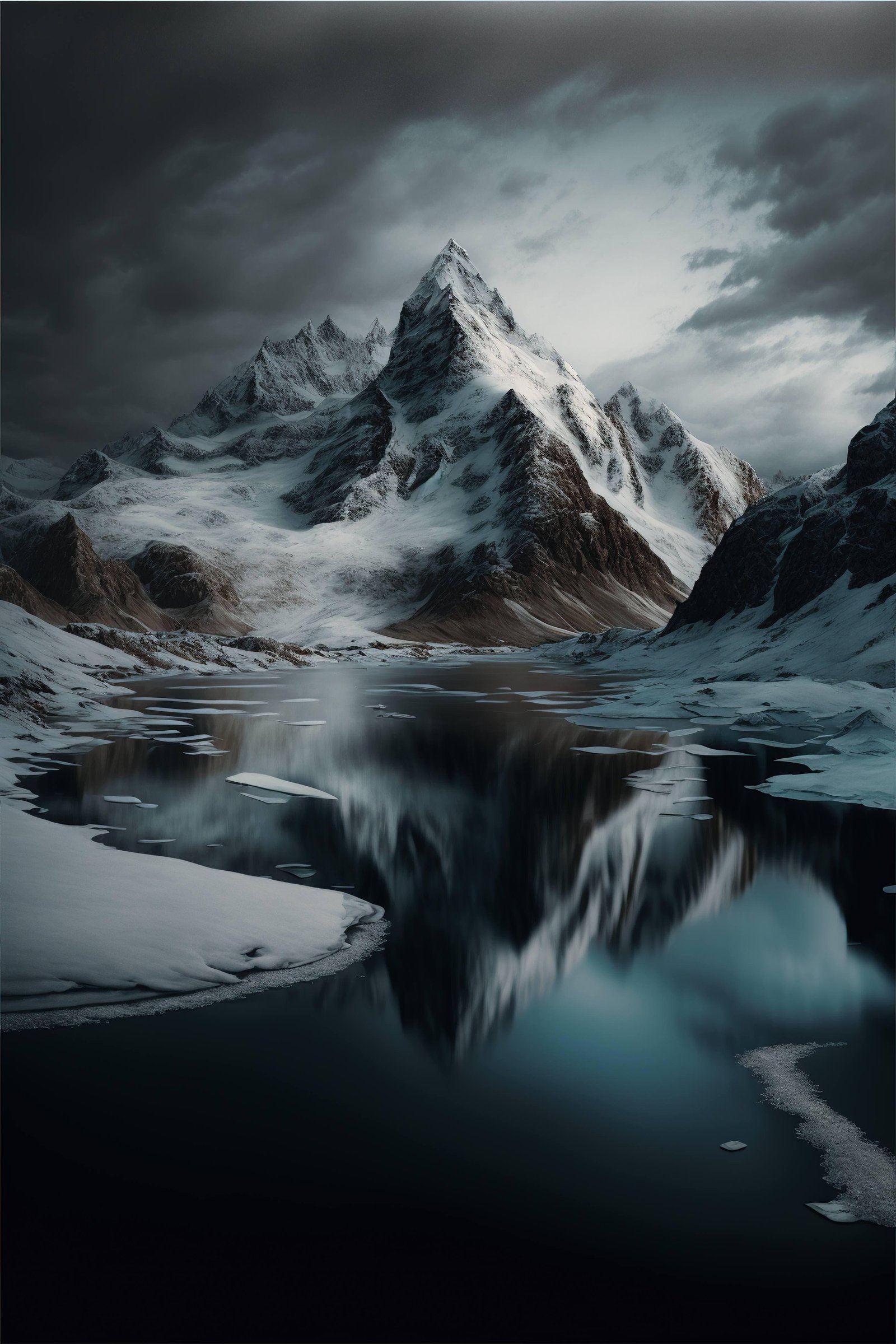 Snow covered mountain with a lake at its base