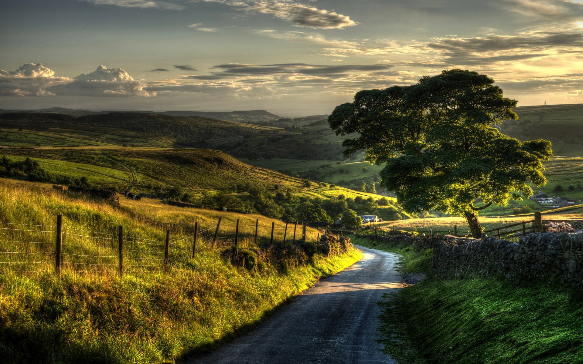 Countryside nature scenery fence hills road trees 2k