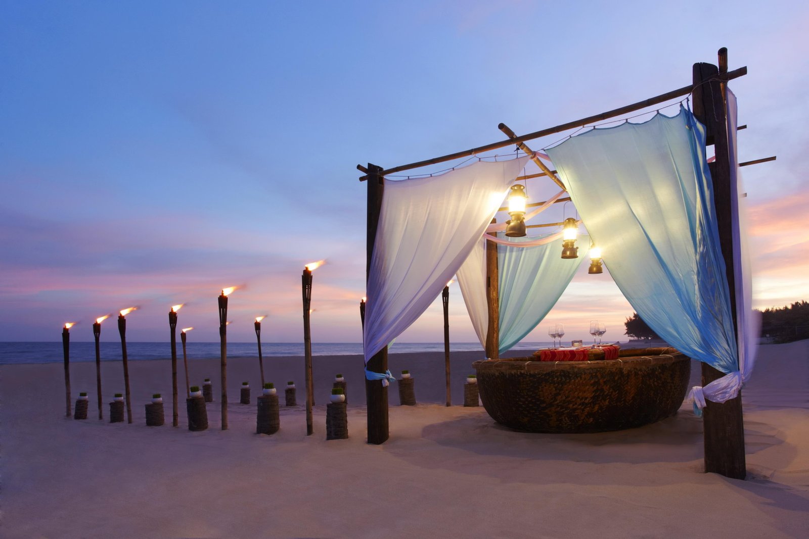 Romantic Beach Dining dusk lights polynesia exotic evening 2k 4k