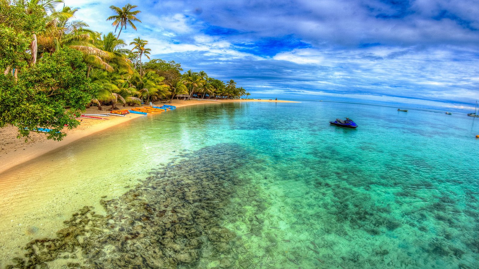 Tropical Island Sandy Beach Palm Trees Ocean With Turquoise Green Water Boats Ultra Hd Wallpapers Desktop 2k